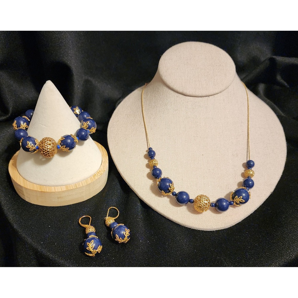 Navy Blue Gold Filigree Bead Jewelry Set Necklace Bracelet Earrings 3pc